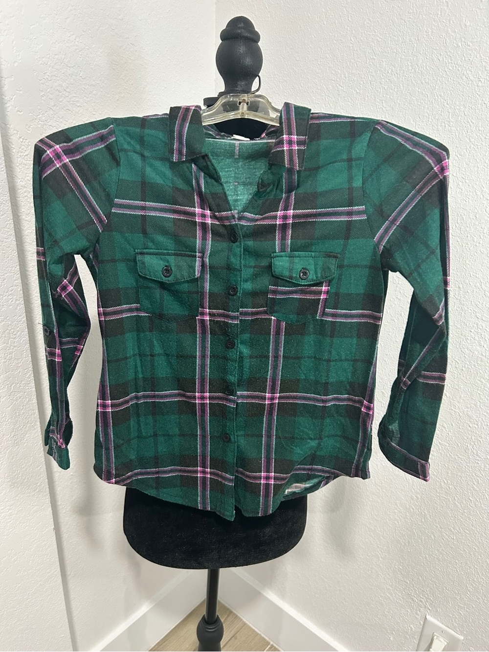 paper tee Green Plaid Button-Down Shirt with Pink Accents